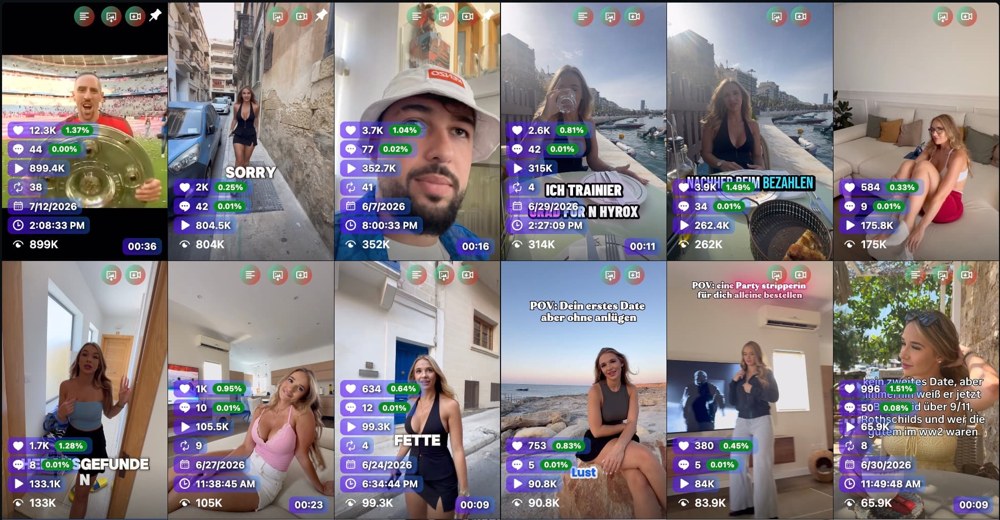 Overview of several short videos with view counts between 65,900 and 899,000